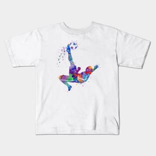 Boy Soccer Player Bicycle Kick Watercolor Painting Kids T-Shirt